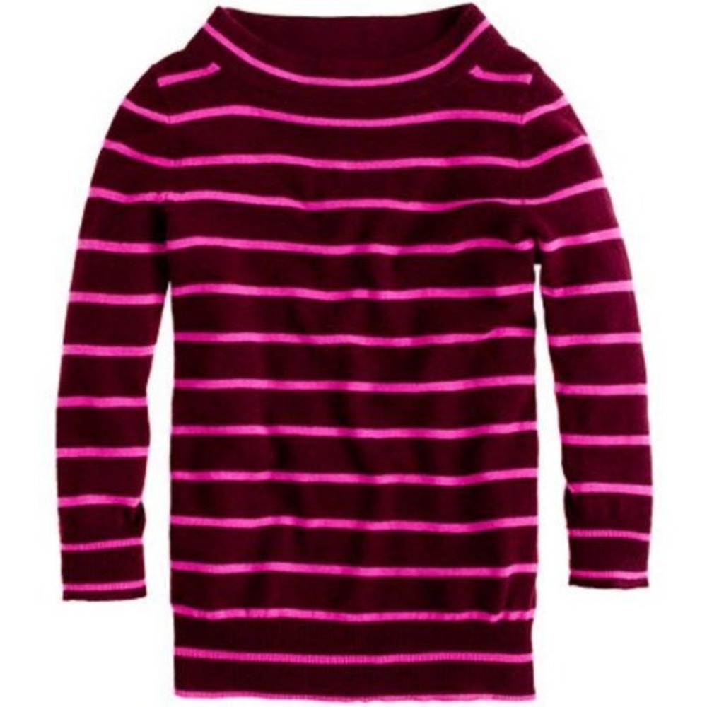 J.Crew‎ Women's XXS 100% Cashmere 3/4 Sleeve Bateau Sweater In Stripe Cabernet